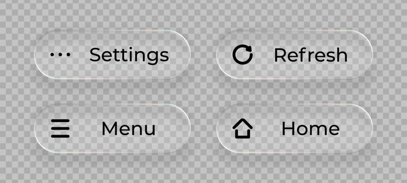 Liquid glass UI buttons feature settings and menu with home and refresh icons for digital interface design.