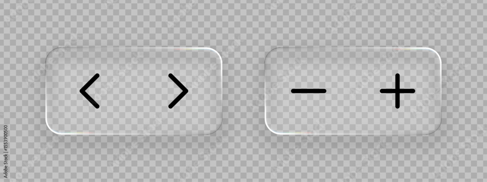 Poster Liquid glass button elements with arrow and arithmetic signs. Computer user interface design concept. Transparent glassmorphism effect.