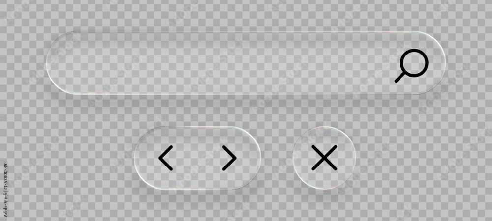 Poster Glass search bar and navigation buttons. Liquid glass vector elements for modern user interface or website design.