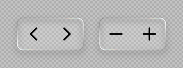 Liquid glass button elements with arrow and arithmetic signs. Computer user interface design concept. Transparent glassmorphism effect.