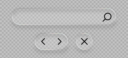 Glass search bar and navigation buttons. Liquid glass vector elements for modern user interface or website design.