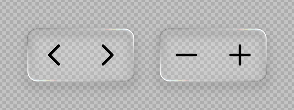 Liquid glass button elements with arrow and arithmetic signs. Computer user interface design concept. Transparent glassmorphism effect.