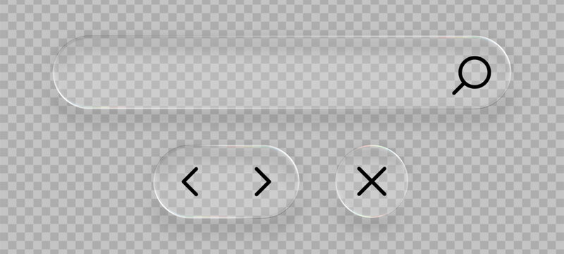 Glass search bar and navigation buttons. Liquid glass vector elements for modern user interface or website design.