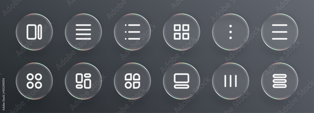 Poster Glass icons with symbols. User interface design element for web and mobile application. Liquid glass vector.