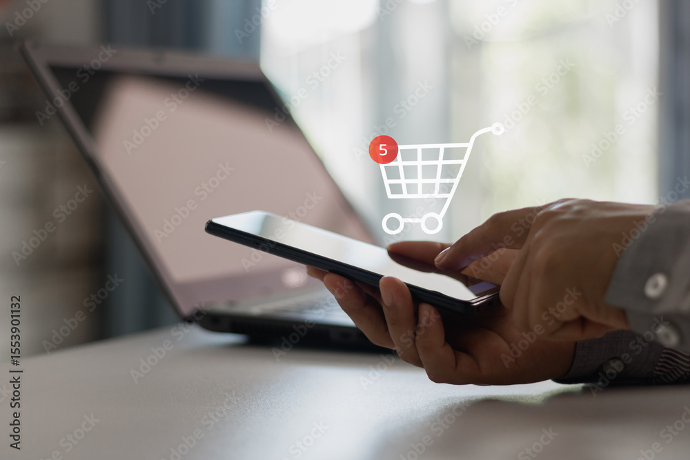 Aufkleber person using smartphone and mobile phone for online shopping with hand clicking buy button and acces