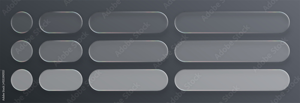 Poster Grey glass mousedown button set. Flat design interface element. Graphic design template for website, game.