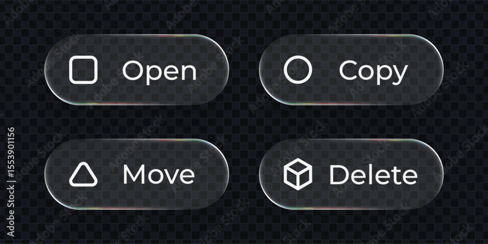 Poster Four liquid glass buttons for interface design. Open, copy, move, delete vector icons for user experience and modern UI.