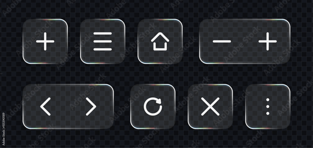 Poster liquid glass vector icons include plus, menu, home, minus, navigation, reload, close, and dots. user