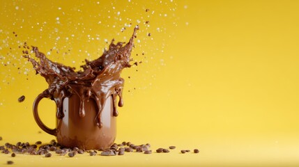 A delightful splash of rich chocolate erupts from a brown mug set against a cheerful yellow backdrop, capturing the joy of indulgence and creativity in food photography.