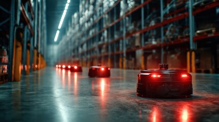 A fleet of autonomous robots lit by glowing red lights navigate a vast warehouse, representing the future of automation and efficiency in logistics and industrial operations.