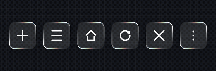 Set of liquid glass vector icons. Modern ui gradient vector glassmorphism elements. Frosted menu buttons for graphic design.