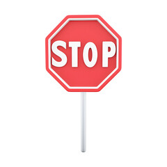 A red octagonal stop sign with white lettering, used to instruct drivers to halt at intersections.