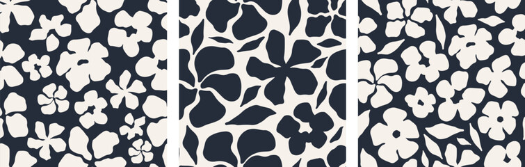 Abstract floral seamless pattern set featuring bold floral and botanical silhouettes in black and cream. Hand-drawn modern design is perfect for textiles, packaging, wallpaper, and digital projects.