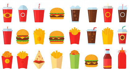 A vibrant collection of flat-design fast food icons, including burgers, fries, soda, chicken, and pizza,  presented in various containers and packaging