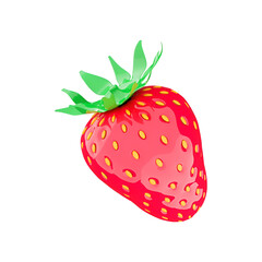 A vibrant, stylized strawberry with a glossy finish and green leaves, representing freshness and fruitiness.
