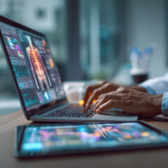Precision Healthcare Data Analysis Medical Professional Utilizing Laptop and Tablet for Comprehensive Human Anatomy and Diagnostic Review