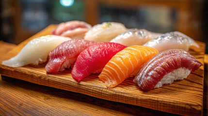 Exquisite Japanese Nigiri Sushi Set A Vibrant Array of Fresh Seafood Delicacies, Artfully Arranged on a Wooden Platter, Showcasing Authentic Asian Cuisine and Culinary Craftsmanship