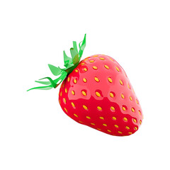 A vibrant, glossy 3D rendering of a strawberry, showcasing its bright red color and green leaves, ideal for food-related designs.