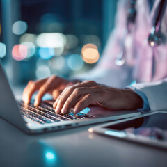 Dedicated Medical Professional Working Late on Laptop, Managing Patient Data and Advancing Healthcare Through Digital Technology