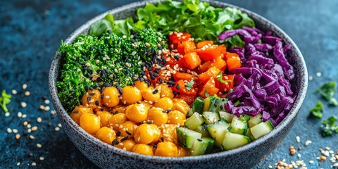 World vegetarian day with health and vegetables idea. Colorful salad bowl with fresh vegetables and herbs.
