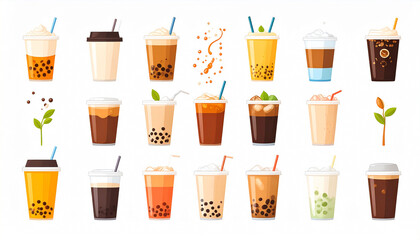 A vibrant collection of twenty-four diverse bubble tea variations, showcasing various colors, toppings, and cup styles, isolated on a white background