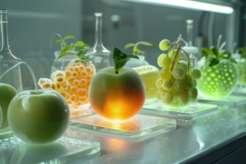 Luminous fruits and plants in a futuristic laboratory setting, showcasing innovative biotechnology or food science