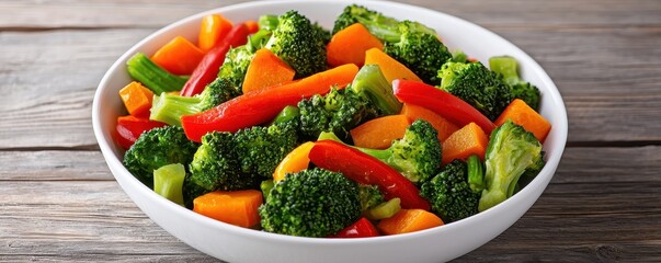 World vegetarian day with health and vegetables idea. Fresh vegetable salad in a white bowl on wooden surface.
