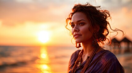 This serene image captures a woman gazing into the sunset by the beach, embodying serenity and reflection in a breathtaking coastal setting.