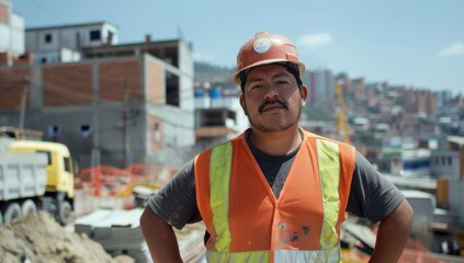A male construction worker with a mustache, wearing a hard hat and safety vest, stands on a building site against an urban backdrop