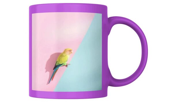 A violet coffee cup design with a parrot image