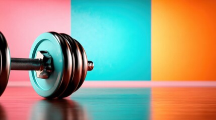 A well-designed dumbbell rests on a smooth surface in front of dynamic orange and blue colors, symbolizing fitness, strength, and an active lifestyle in a striking composition.