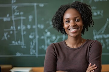 Portrait of a confident teacher smiling with crossed arms in a classroom setting