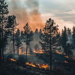 Forest fires wildfire destruction smoke air pollution natural disaster habitat loss climate change emergency environmental impact fire prevention awareness landscape