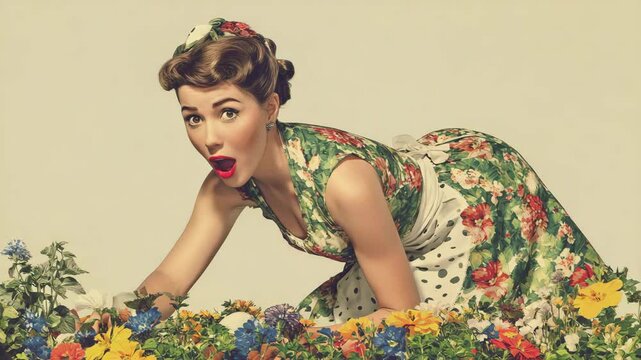 Surprised pin-up woman in a vintage floral dress and polka dot apron, gardening with colorful flowers. Retro 1950s housewife with a curious look on an isolated background.

