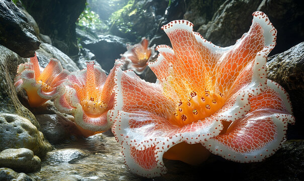 Orange & white patterned flower-like forms in a stream, surrounded by rocks, with sunlight dappling the background - Powered by Adobe