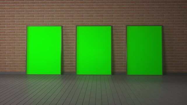 Three Vertical Green Screen Posters Against Brick Wall in Modern Interior