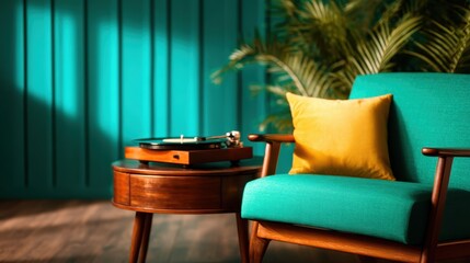 A vibrant scene merging retro aesthetics with modern comfort showcasing a record player next to a stylish chair, evoking nostalgia and creative ambience in a leisure space.