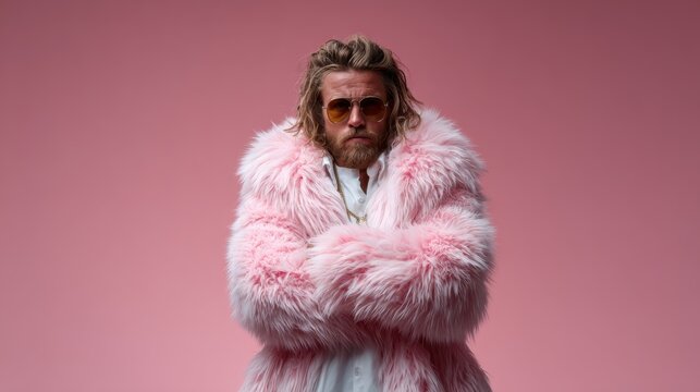 A confident man proudly poses in a fluffy pink coat, showcasing his unique fashion sense and striking personality against a vibrant pink backdrop for maximum visual impact.