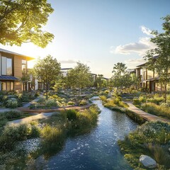 Eco-friendly residential communities built with green materials, energy-efficient designs, renewable energy systems, water conservation programs, and sustainable urban planning practices