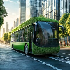 Eco-friendly transportation solutions featuring electric vehicles, shared ride services, hydrogen buses, bike lanes, car-free zones, and public transit reducing urban emissions