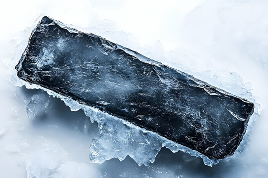Rectangular dark object encased in delicate, fractured ice, contrasted against a bright, white background