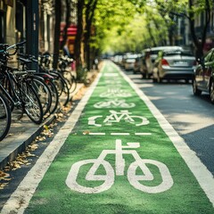 Eco-friendly transportation infrastructure including electric vehicle charging stations, bike lanes, pedestrian paths, car-free zones, and renewable-powered transport solutions in urban planning