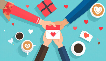 Four hands exchange a love letter amidst coffee, gifts, and hearts on a teal background, symbolizing friendship, love, or a shared Valentine's Day moment