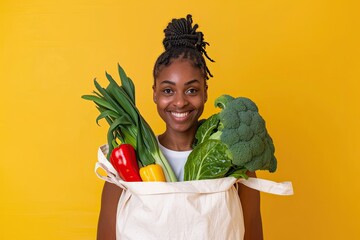 Young woman holding reusable shopping bag with vegetables smiling on yellow background