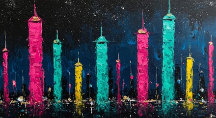 Abstract Cityscape Painting with Vibrant Towers against Night Sky Canvas Art