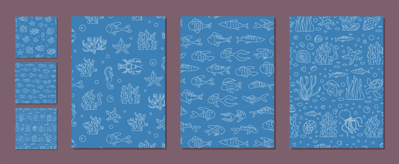 Seamless underwater marine pattern set. Outline design with aquatic fish, coral, and sea shapes. Ocean background, marine life silhouettes. Perfect for aquatic themes and ocean layouts.