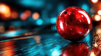 A striking red bowling ball rests on polished lanes, capturing the excitement of a bowling alley and the anticipation of striking down the pins with each roll.
