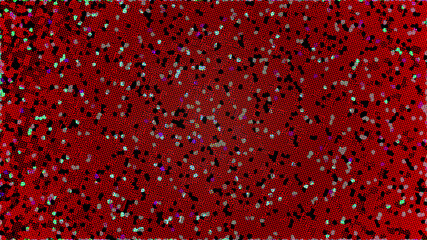 Abstract red halftone pattern with scattered colorful geometric shapes