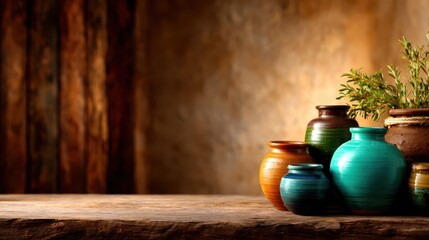 A collection of colorful pottery arranged on a rustic wooden table, bathed in soft natural light, evoking a sense of warmth, tradition, and cultural richness.