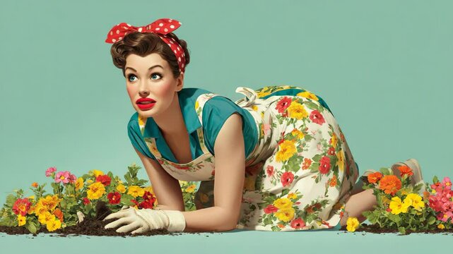 Surprised 1950s pin-up woman in a retro floral apron and bandana, gardening with colorful flowers. Shocked vintage housewife on a solid color studio background.

